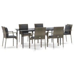vidaXL 7-tlg. Garten-Essgruppe mit Kissen Schwarz und Grau Poly Rattan
