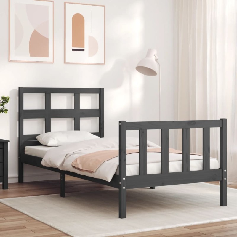 vidaXL Massivholzbett mit Kopfteil Grau 90x200 cm vidaXL Massivholzbett mit Kopfteil Grau 90x200 cm