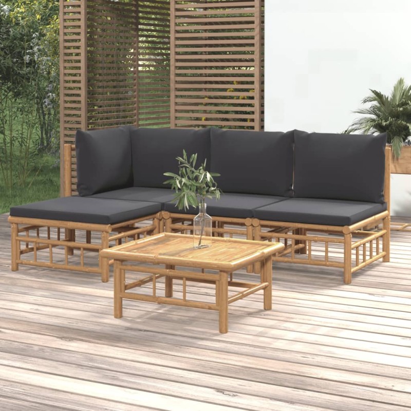 vidaXL 5-tlg. Garten-Lounge-Set mit Dunkelgrauen Kissen Bambus vidaXL 5-tlg. Garten-Lounge-Set mit Dunkelgrauen Kissen Bambus