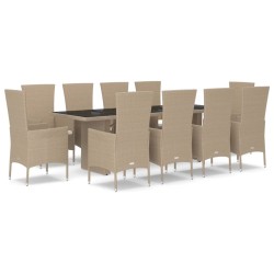 vidaXL 11-tlg. Garten-Essgruppe mit Kissen Beige Poly Rattan