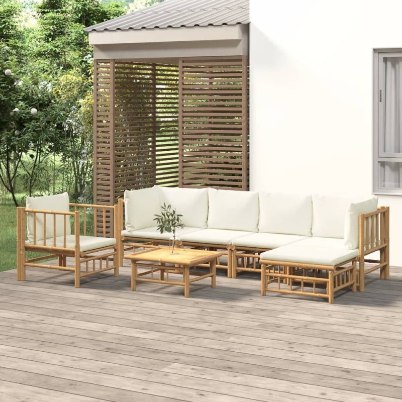vidaXL 7-tlg. Garten-Lounge-Set mit Cremeweißen Kissen Bambus vidaXL 7-tlg. Garten-Lounge-Set mit Cremeweißen Kissen Bambus