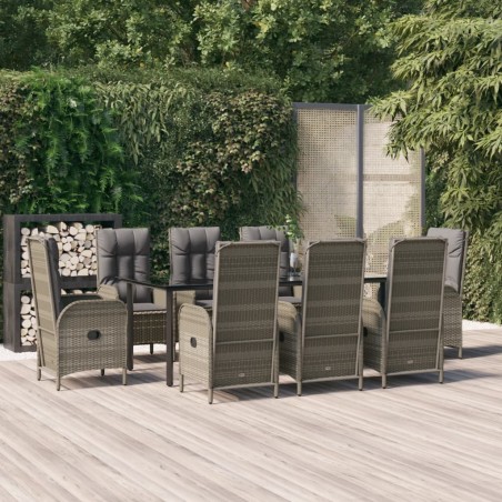 vidaXL 9-tlg. Garten-Essgruppe mit Kissen Schwarz und Grau Poly Rattan