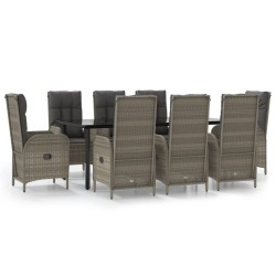 vidaXL 9-tlg. Garten-Essgruppe mit Kissen Schwarz und Grau Poly Rattan
