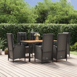 vidaXL 7-tlg. Garten-Essgruppe mit Kissen Schwarz Poly Rattan