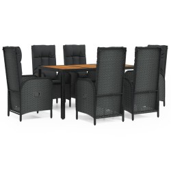 vidaXL 7-tlg. Garten-Essgruppe mit Kissen Schwarz Poly Rattan