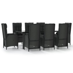 vidaXL 9-tlg. Garten-Essgruppe mit Kissen Schwarz Poly Rattan
