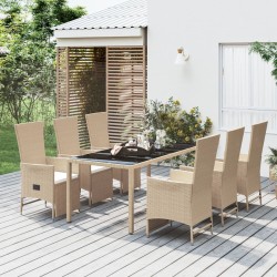 vidaXL 7-tlg. Garten-Essgruppe mit Kissen Beige Poly Rattan