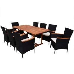 9-tlg. Garten-Essgruppe mit Auflagen Poly Rattan Schwarz