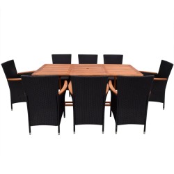 9-tlg. Garten-Essgruppe mit Auflagen Poly Rattan Schwarz