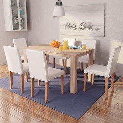 vidaXL Esszimmertisch und Stühle 7-tlg. Kunstleder Eiche Cremeweiß