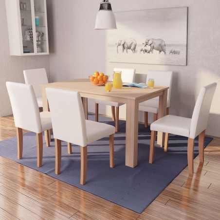 vidaXL Esszimmertisch und Stühle 7-tlg. Kunstleder Eiche Cremeweiß