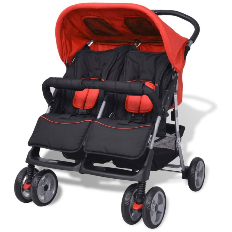 Zwillingskinderwagen Stahl Rot und Schwarz Zwillingskinderwagen Stahl Rot und Schwarz