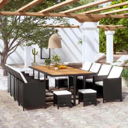 13-tlg. Garten-Essgruppe Poly Rattan Akazienholz Schwarz