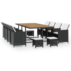 13-tlg. Garten-Essgruppe Poly Rattan Akazienholz Schwarz