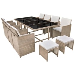 13-tlg. Garten-Essgruppe mit Auflagen Poly Rattan Beige
