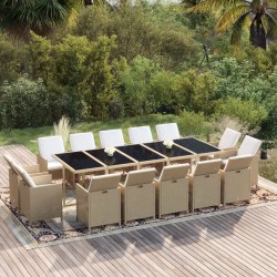 vidaXL 15-tlg. Garten-Essgruppe mit Kissen Poly Rattan Beige