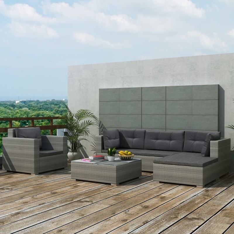 6-tlg. Garten-Lounge-Set mit Auflagen Poly Rattan Grau 6-tlg. Garten-Lounge-Set mit Auflagen Poly Rattan Grau