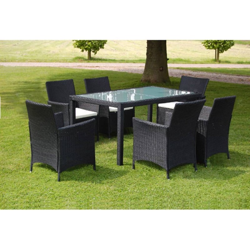 7-tlg. Garten-Essgruppe mit Auflagen Poly Rattan Schwarz 7-tlg. Garten-Essgruppe mit Auflagen Poly Rattan Schwarz
