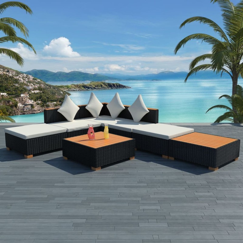vidaXL 7-tlg. Garten-Lounge-Set mit Auflagen Poly Rattan Schwarz vidaXL 7-tlg. Garten-Lounge-Set mit Auflagen Poly Rattan Schwarz