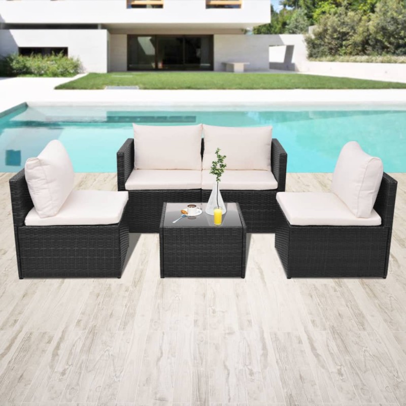 vidaXL 5-tlg. Garten-Lounge-Set mit Auflagen Poly Rattan Schwarz vidaXL 5-tlg. Garten-Lounge-Set mit Auflagen Poly Rattan Schwarz