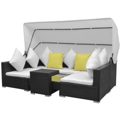 7-tlg. Garten-Lounge-Set mit Sonnendach Poly Rattan Schwarz