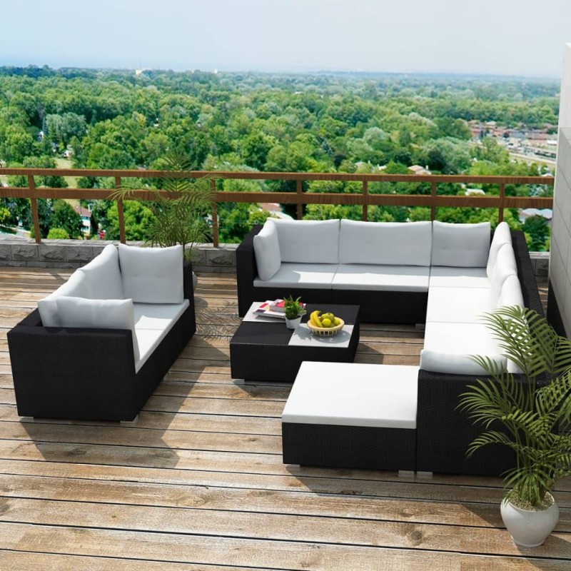 10-tlg. Garten-Lounge-Set mit Auflagen Poly Rattan Schwarz 10-tlg. Garten-Lounge-Set mit Auflagen Poly Rattan Schwarz