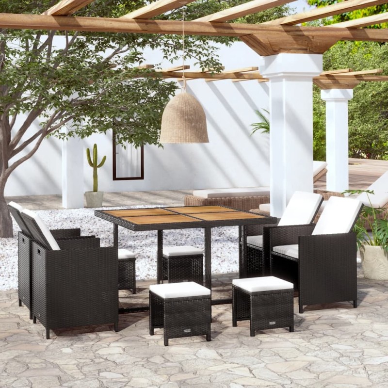 9-tlg. Garten-Essgruppe Poly Rattan Akazienholz Schwarz 9-tlg. Garten-Essgruppe Poly Rattan Akazienholz Schwarz