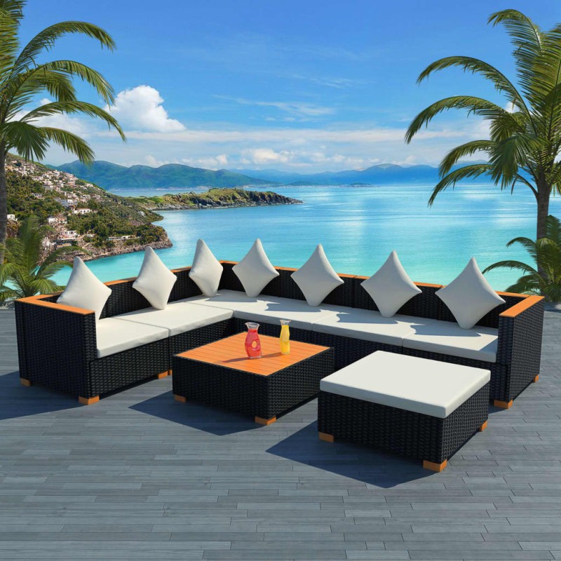 8-tlg. Garten-Lounge-Set mit Auflagen Poly Rattan Schwarz 8-tlg. Garten-Lounge-Set mit Auflagen Poly Rattan Schwarz