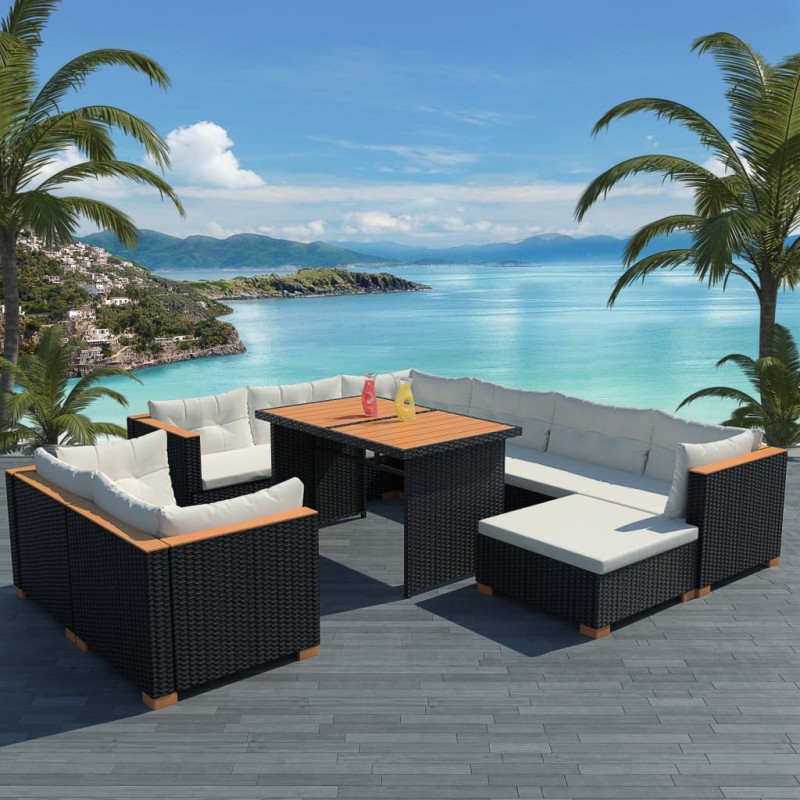 10-tlg. Garten-Lounge-Set mit Auflagen Poly Rattan Schwarz 10-tlg. Garten-Lounge-Set mit Auflagen Poly Rattan Schwarz