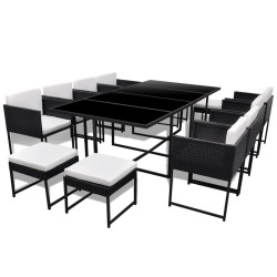 13-tlg. Garten-Essgruppe mit Auflagen Poly Rattan Schwarz