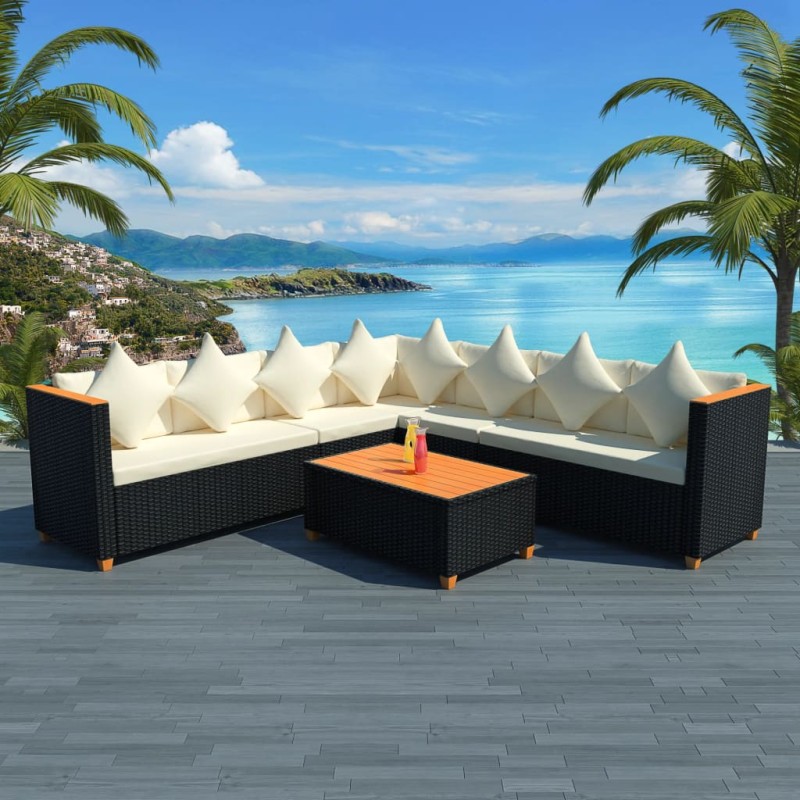 5-tlg. Garten-Lounge-Set mit Auflagen Poly Rattan Schwarz 5-tlg. Garten-Lounge-Set mit Auflagen Poly Rattan Schwarz