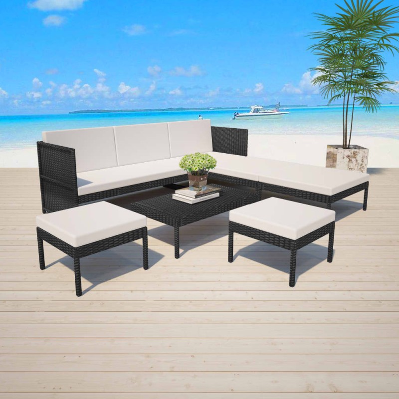 6-tlg. Garten-Lounge-Set mit Auflagen Poly Rattan Schwarz 6-tlg. Garten-Lounge-Set mit Auflagen Poly Rattan Schwarz