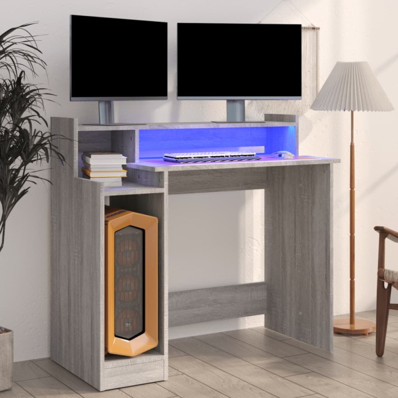 vidaXL Schreibtisch mit LEDs Grau Sonoma 97x45x90 cm Holzwerkstoff vidaXL Schreibtisch mit LEDs Grau Sonoma 97x45x90 cm Holzwerkstoff