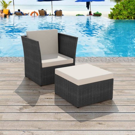 vidaXL Gartensessel mit Fußhocker Poly Rattan Schwarz 