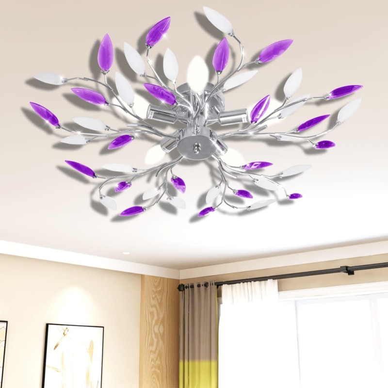 Deckenlampe Lila und weiße Blätterranken mit Acryl-Blättern 5x E14 Deckenlampe Lila und weiße Blätterranken mit Acryl-Blättern 5x E14