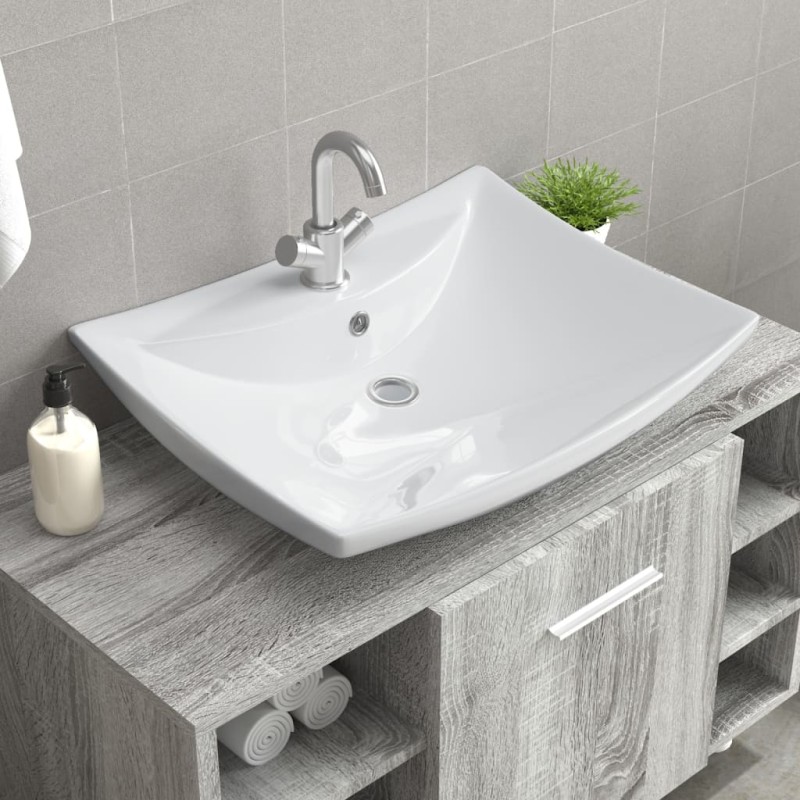 Luxuriöses Keramik-Waschbecken rechteckig mit Überlauf und Hahnloch Luxuriöses Keramik-Waschbecken rechteckig mit Überlauf und Hahnloch