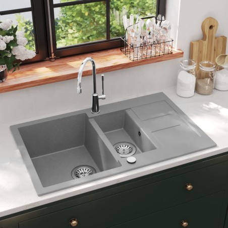 vidaXL Granitspüle Doppelbecken Grau 