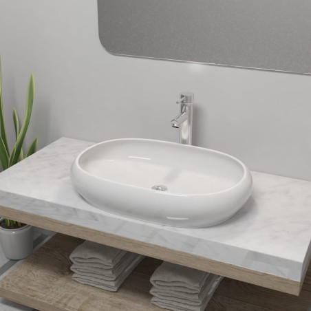 vidaXL Bad-Waschbecken mit Mischbatterie Keramik Oval Weiß