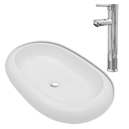 vidaXL Bad-Waschbecken mit Mischbatterie Keramik Oval Weiß