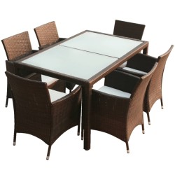 vidaXL 7-tlg. Garten-Essgruppe mit Auflagen Poly Rattan Braun