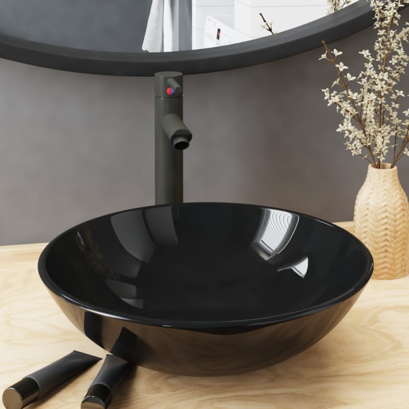 vidaXL Badezimmer Waschbecken mit Wasserhahn und Ablaufgarnitur Schwarz gehärtetes Glas vidaXL Badezimmer Waschbecken mit Wasserhahn und Ablaufgarnitur Schwarz gehärtetes Glas