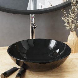 vidaXL Badezimmer Waschbecken mit Wasserhahn und Ablaufgarnitur Schwarz gehärtetes Glas