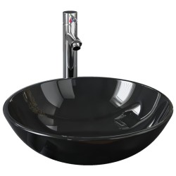 vidaXL Badezimmer Waschbecken mit Wasserhahn und Ablaufgarnitur Schwarz gehärtetes Glas