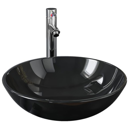 vidaXL Badezimmer Waschbecken mit Wasserhahn und Ablaufgarnitur Schwarz gehärtetes Glas