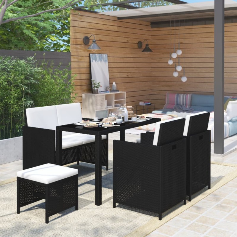 6-tlg. Garten-Essgruppe mit Auflagen Poly Rattan Schwarz 6-tlg. Garten-Essgruppe mit Auflagen Poly Rattan Schwarz