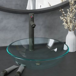 vidaXL Waschbecken mit Wasserhahn und Ablaufgarnitur aus gehärtetem Klarglas