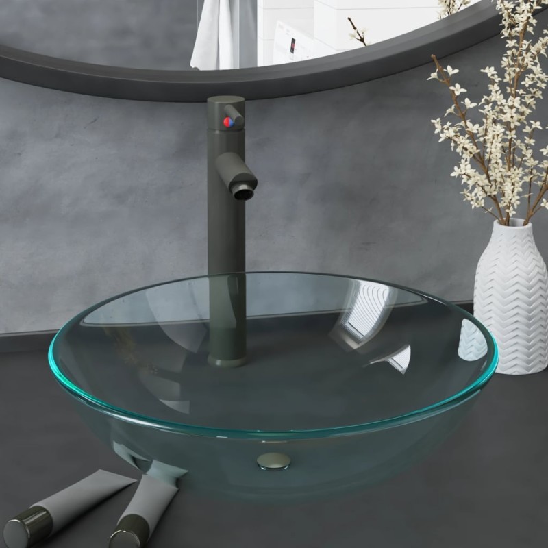 vidaXL Waschbecken mit Wasserhahn und Ablaufgarnitur aus gehärtetem Klarglas vidaXL Waschbecken mit Wasserhahn und Ablaufgarnitur aus gehärtetem Klarglas