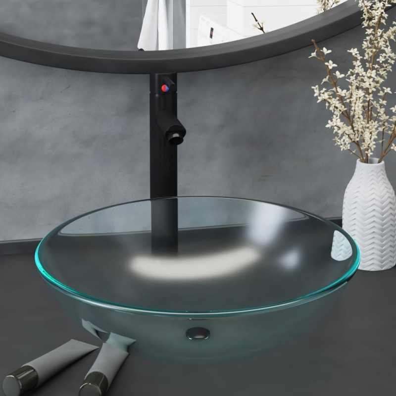 vidaXL Badezimmer Waschbecken mit Wasserhahn und Ablaufgarnitur aus mattiertem, gehärtetem Glas vidaXL Badezimmer Waschbecken mit Wasserhahn und Ablaufgarnitur aus mattiertem, gehärtetem Glas