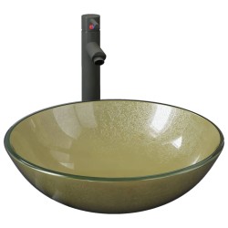 vidaXL Badezimmer Waschbecken mit Wasserhahn und Ablaufgarnitur Gold gehärtetes Glas