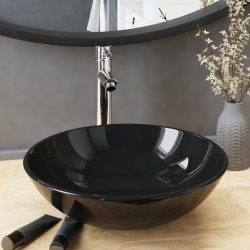 vidaXL Badezimmer Waschbecken mit Wasserhahn und Ablaufgarnitur Schwarz gehärtetes Glas